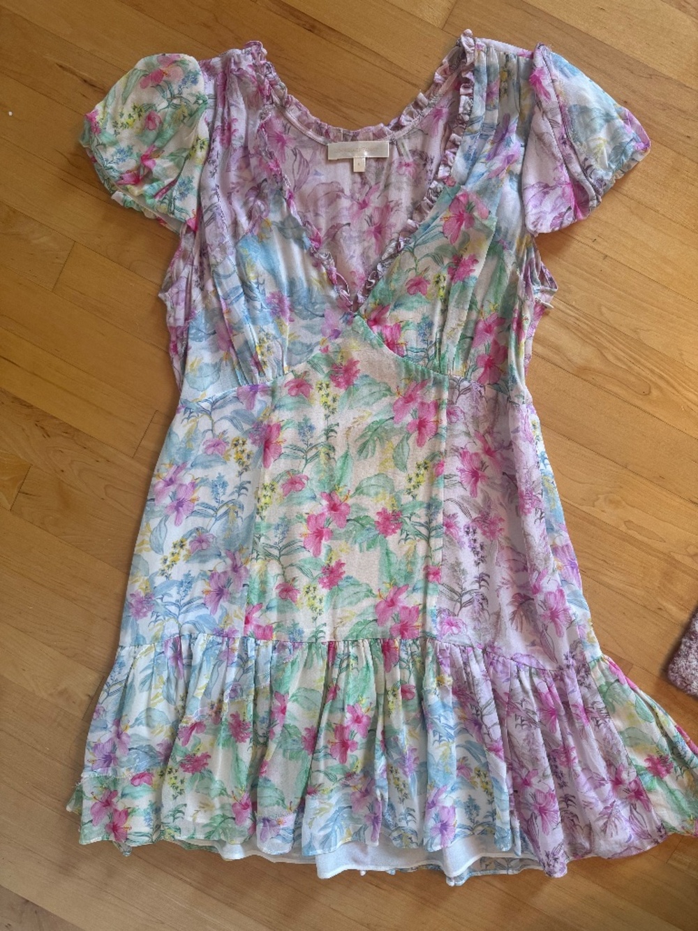 LoveShackFancy Multicolor Floral Ruffle Mini Dress